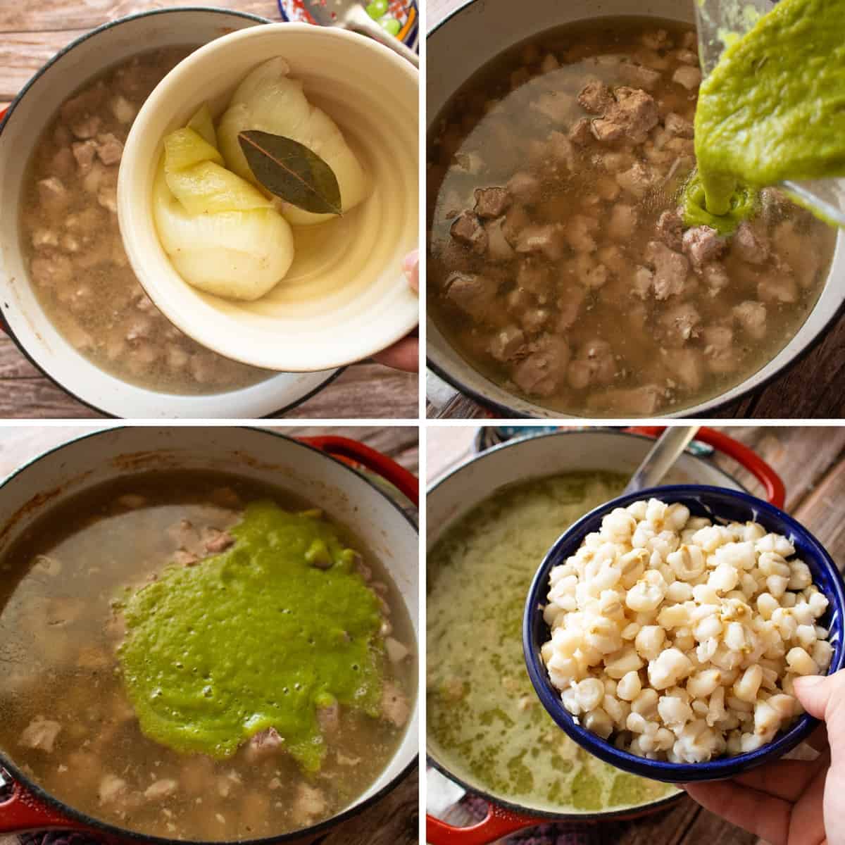 Adding the green tomatillo sauce and hominy to the stock pot.