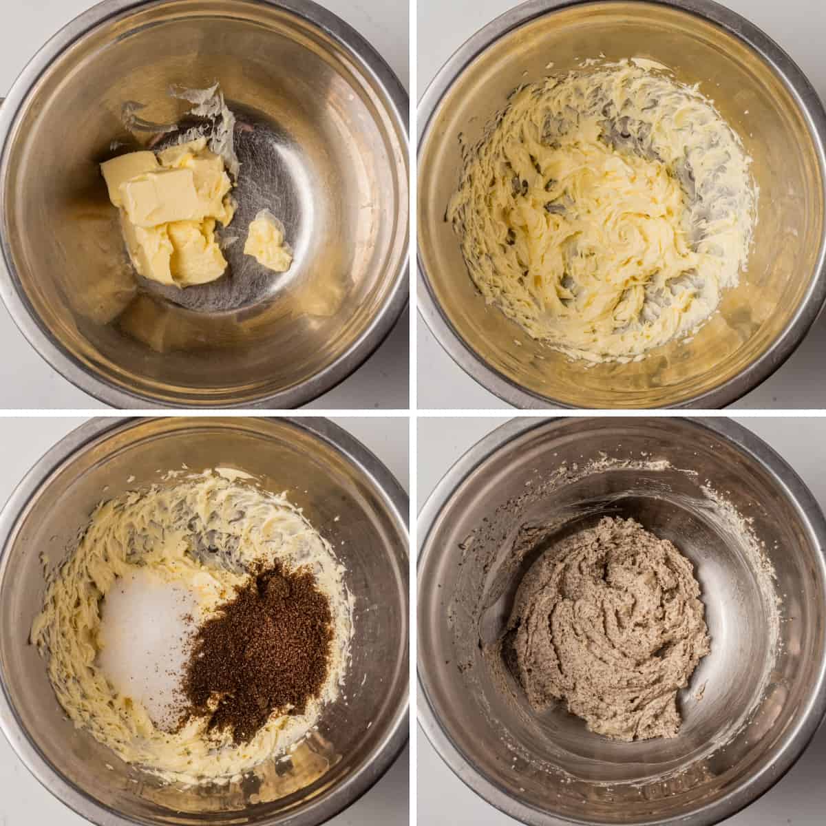 Softened butter mixing with other ingredients in a metal bowl.
