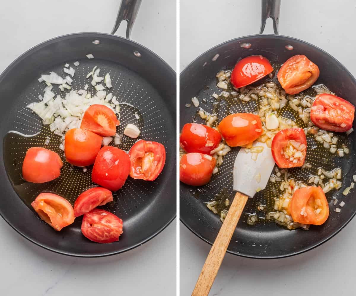 Cooking tomatoes and other ingredients for the sauce in a black skillet.
