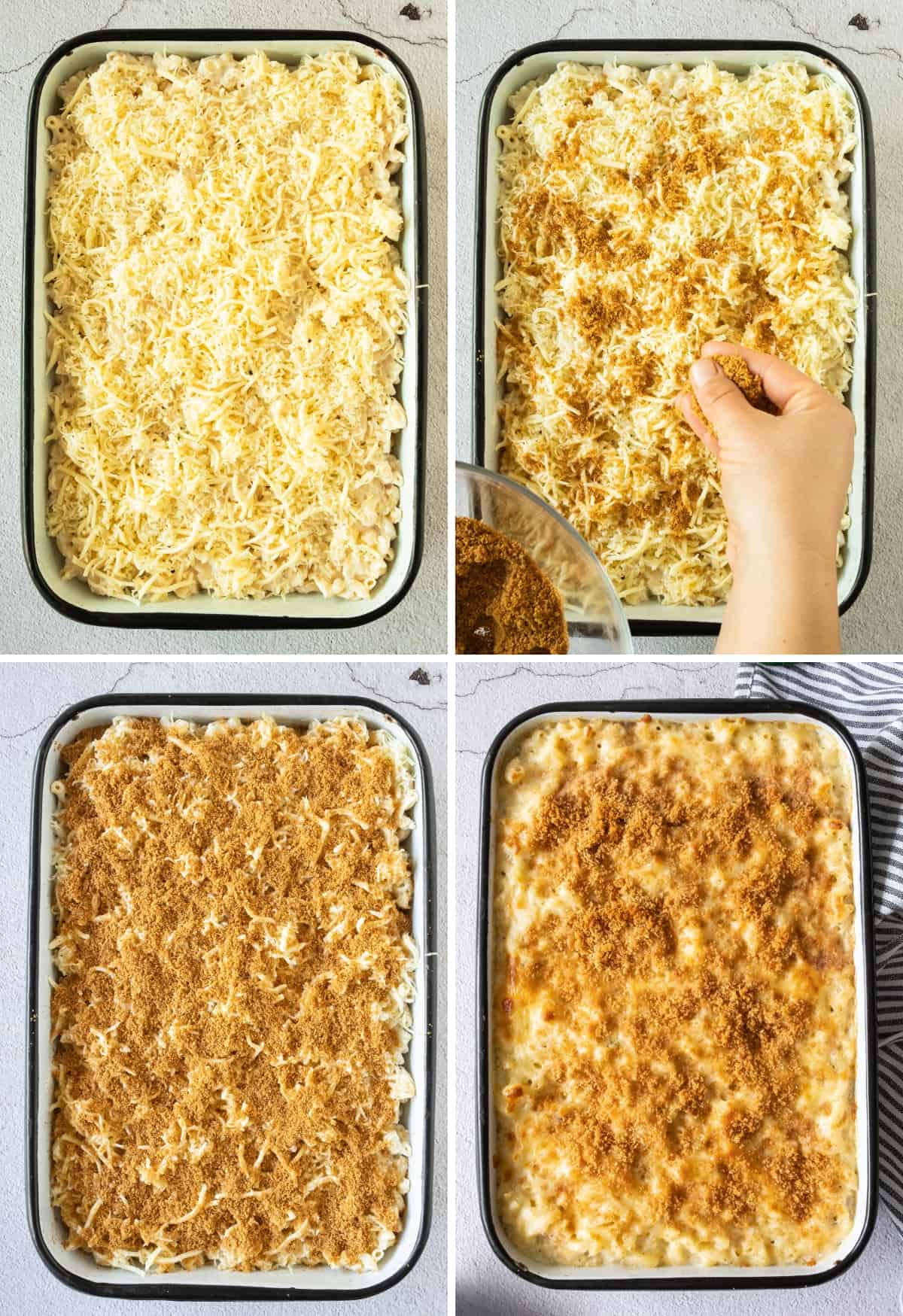 Assembling the pasta and cheese sauce in a baking dish.