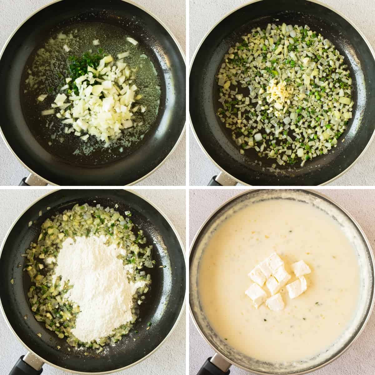 Making the cheese sauce in a black skillet.