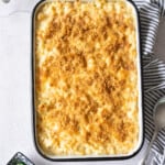 Freshly baked Mexican Mac and Cheese in a baking dish.