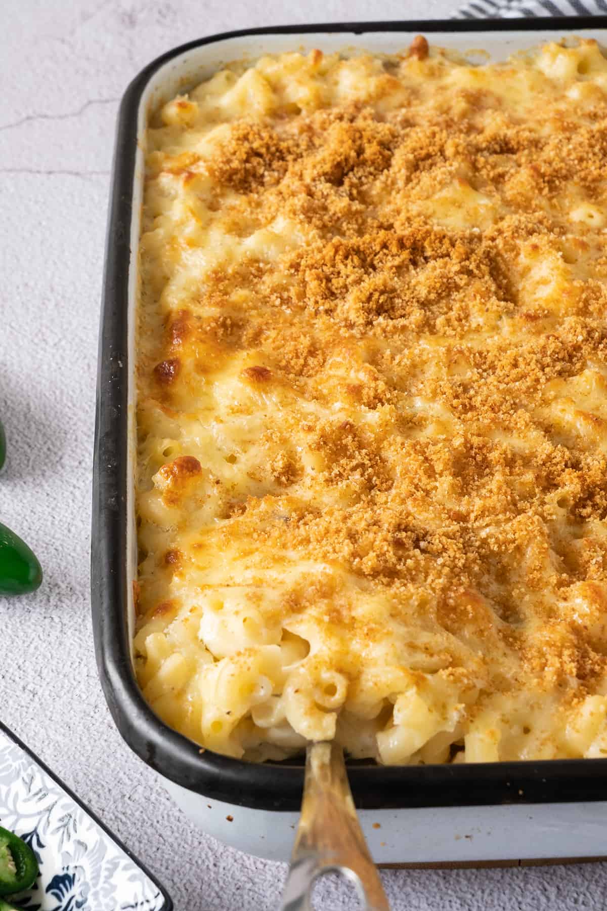 A baking dish of Mexican mac and cheese.