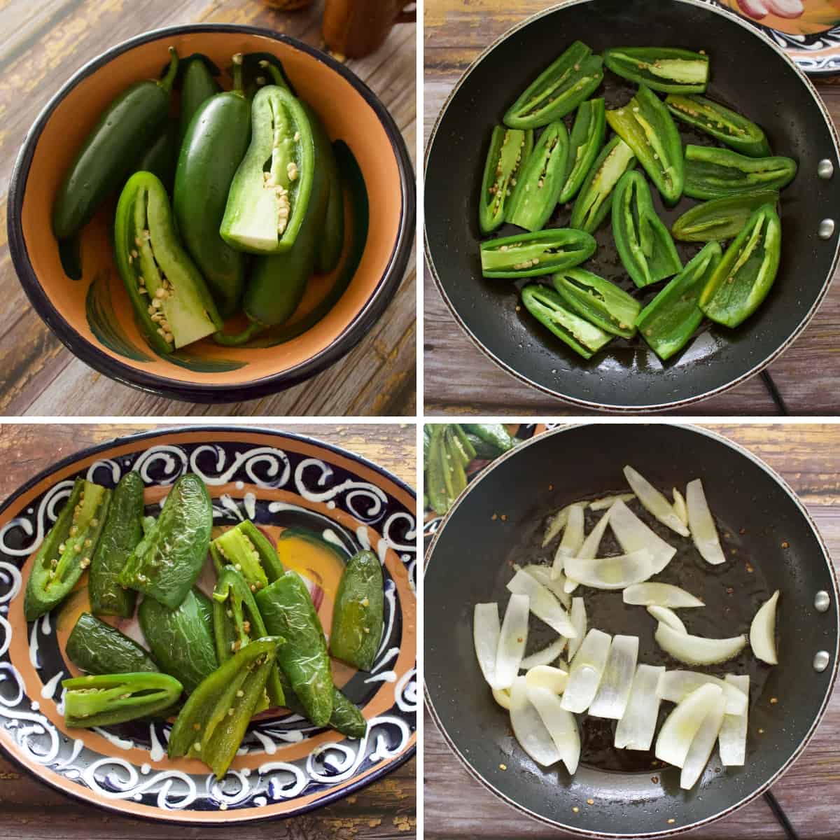 Cooking jalapenos and other ingredients in a large skillet.