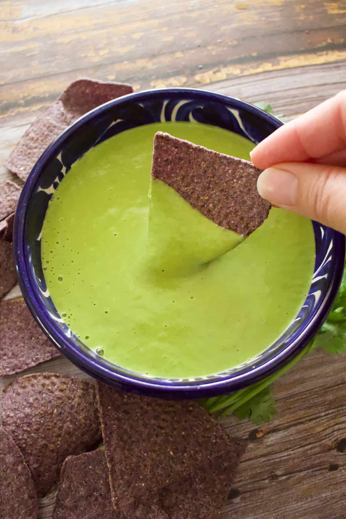 A hand dipping a chip into a bowl of jalapeno salsa.