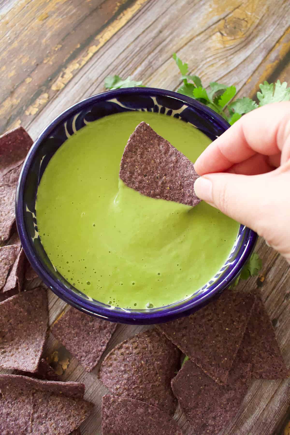 A hand dipping a tortilla chip into a bowl of jalapeno salsa.