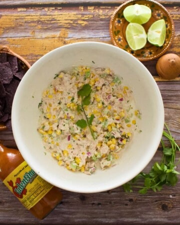 Corn Tuna Salad in a large white bowl.