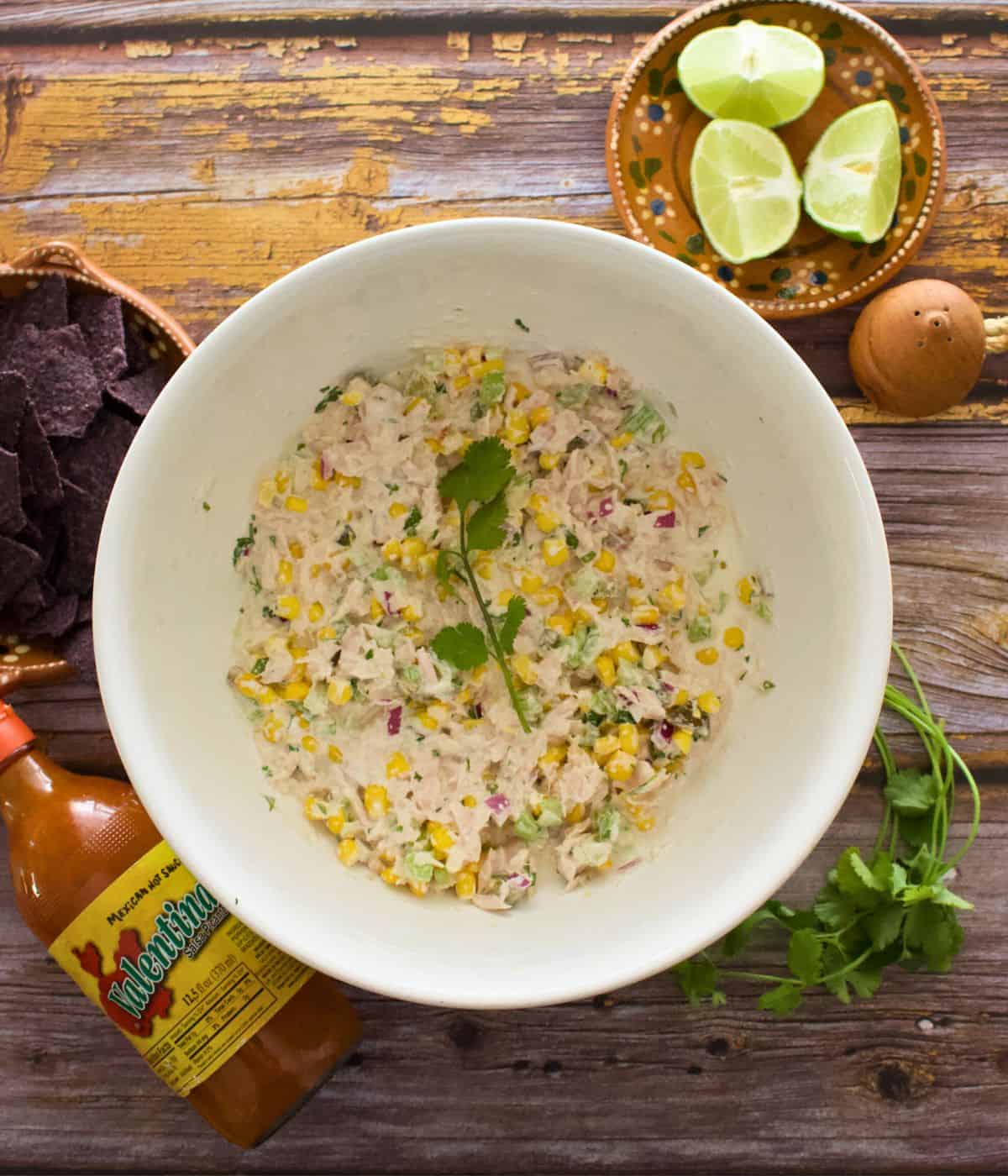 Corn Tuna Salad in a large white bowl.
