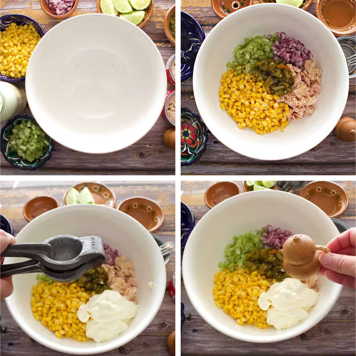 The ingredients needed to make the corn salad mixing inside a white bowl.