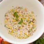 Corn Tuna Salad served in a large white bowl.