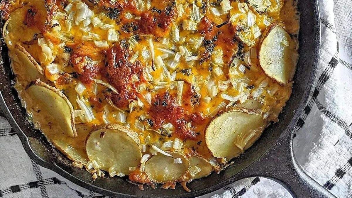 A cast iron skillet filled with golden brown potato, cheese, and onion frittata. The frittata has a crispy top with melted cheese and sliced potatoes visible. It's resting on a black and white checkered cloth.