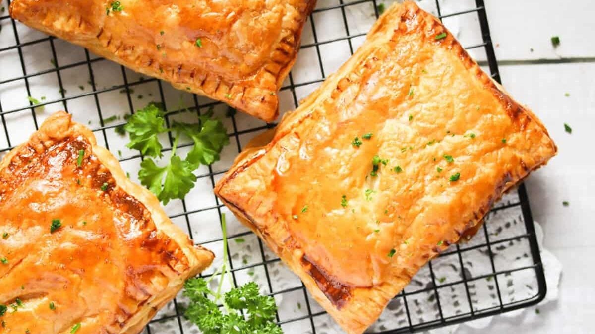 Golden-brown puff pastry pies on a cooling rack, garnished with fresh parsley.