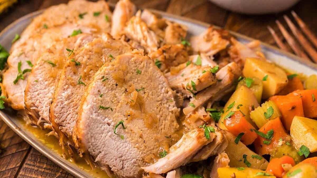 A platter of sliced roast pork is garnished with herbs and surrounded by chunks of roasted potatoes and carrots. The dish is served on a wooden table, accompanied by a fork.