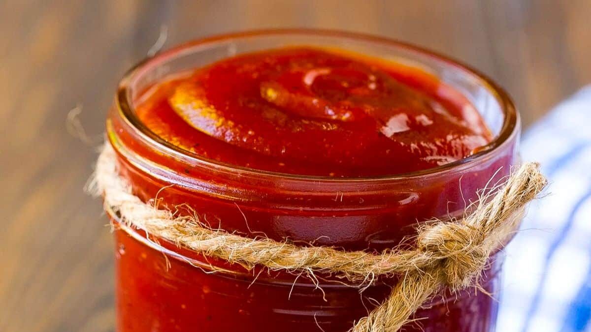 A glass jar filled with bright red tomato sauce, tied with a rustic twine bow around the neck, sits on a wooden surface with part of a blue and white cloth visible beside it.