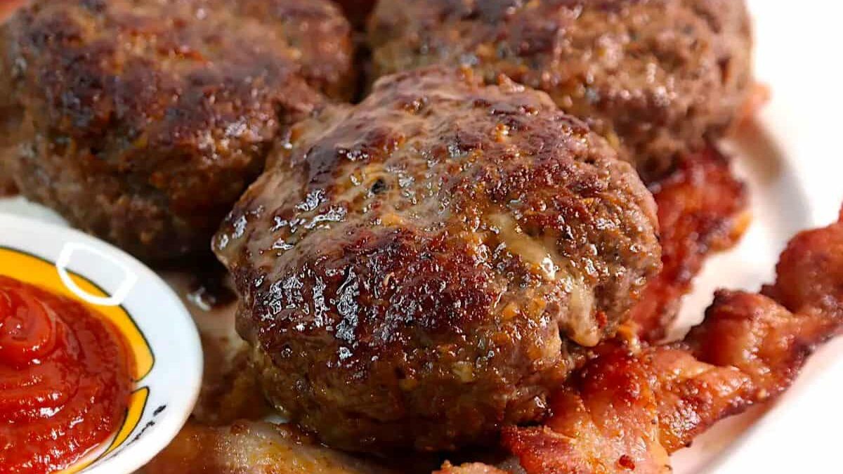 Three juicy, grilled hamburger patties sit on a plate with crispy strips of bacon. A small dish of ketchup is placed nearby for dipping.