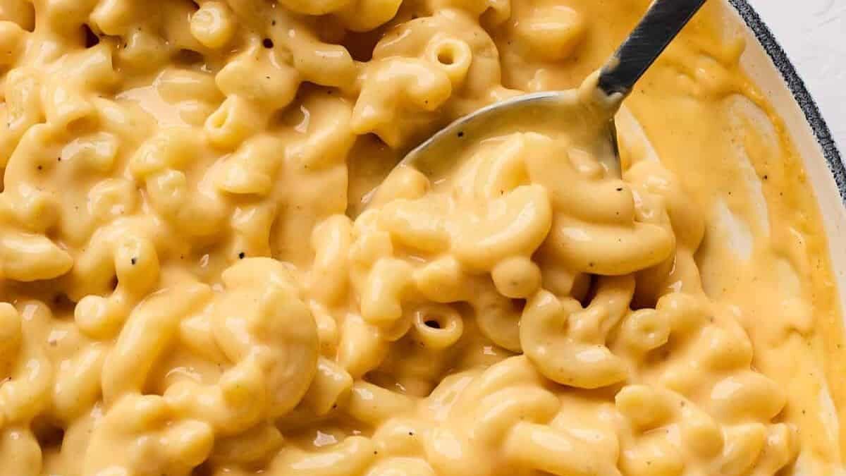 Close-up of creamy macaroni and cheese with a spoon. The dish features elbow macaroni pasta generously coated in a rich, thick cheese sauce, with a smooth, golden-yellow appearance.