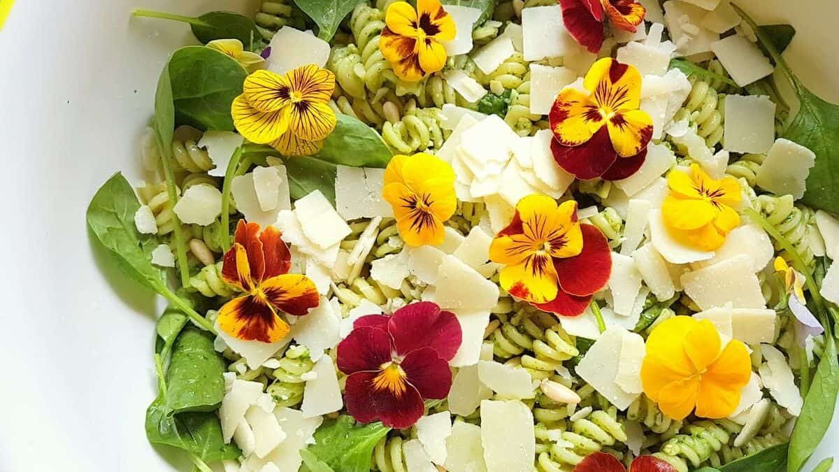 A bowl of green pasta with spinach leaves, topped with vibrant red, yellow, and orange edible flowers and shaved cheese.