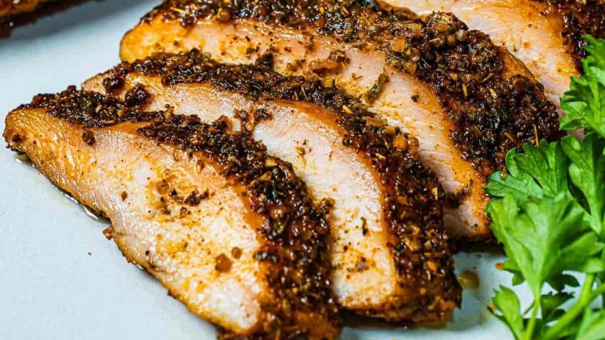 Slices of seasoned and roasted pork tenderloin on a plate, topped with a herb and spice crust. Fresh parsley is placed beside the meat for garnish.