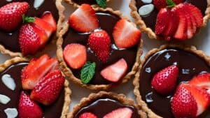 Close-up of chocolate tarts topped with fresh strawberry slices and mint leaves. The tarts are arranged in a pattern, showcasing their rich, glossy chocolate filling and vibrant red strawberries.