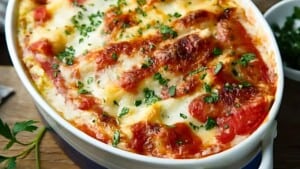 A close-up of a freshly baked lasagna in an oval-shaped dish. The lasagna has a golden, crispy cheese topping with visible tomato sauce and is garnished with chopped fresh herbs. The dish sits on a wooden surface with a partially visible bowl of herbs in the background.