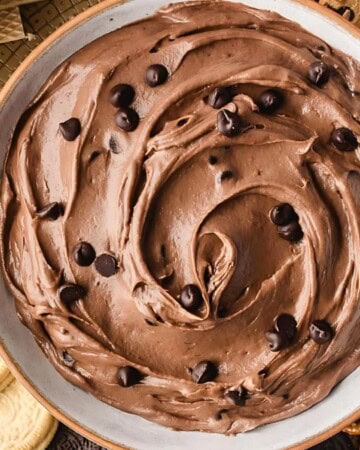 A bowl of creamy chocolate dip is garnished with chocolate chips and surrounded by a variety of dippable treats, including white sandwich cookies, strawberries, chocolate chip cookies, and pretzels. The treats are arranged around the bowl on a tray.