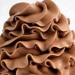 A close-up image of a chocolate dessert featuring intricately layered and ruffled swirls of chocolate cream, forming a tall, conical shape. The background is a soft, blurred white, highlighting the dessert's rich texture.