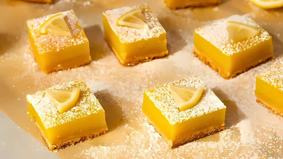 Close-up of lemon bars on parchment paper, topped with powdered sugar and small lemon slices. The bars have a golden yellow filling and a crumbly base, arranged neatly.