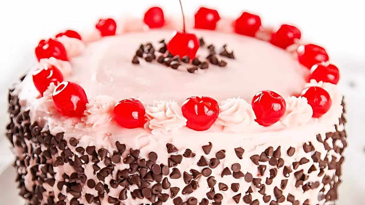 A pink-frosted cake topped with red cherries and surrounded by a border of whipped cream. The sides are decorated with chocolate chips, and there's a single cherry on top at the center.