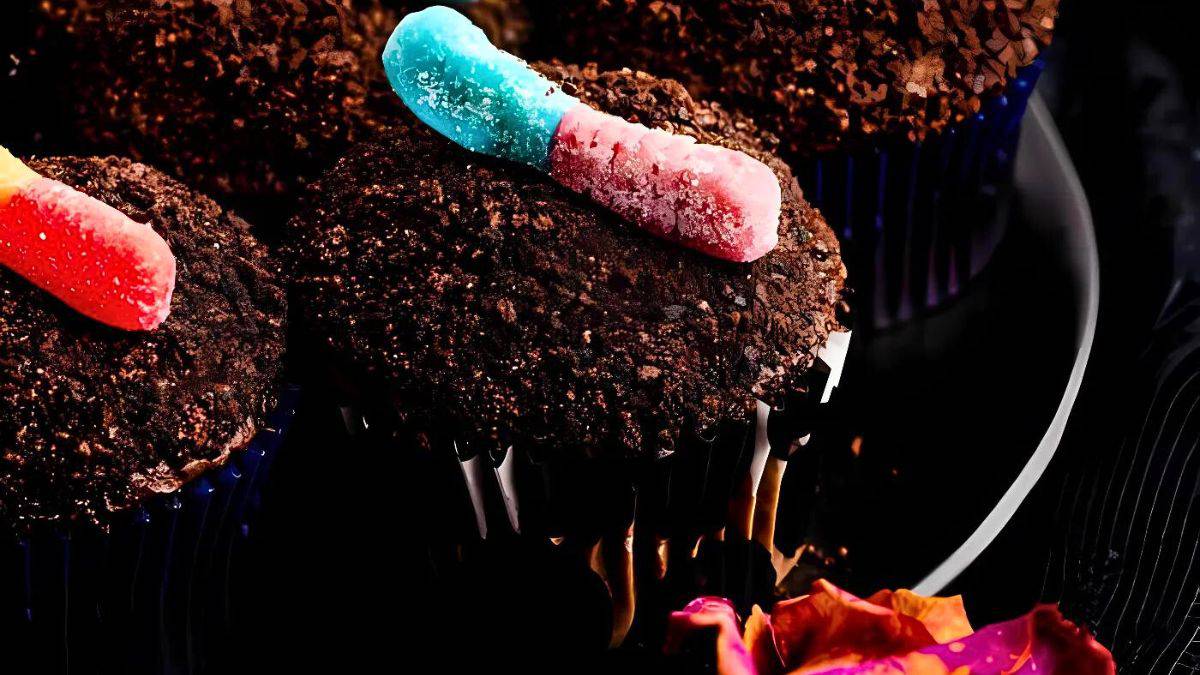 Chocolate cupcakes with crumbled topping, each topped with a gummy candy resembling a worm. The cupcakes are arranged on a dark plate, and a decorative orange and pink element is visible in the foreground.