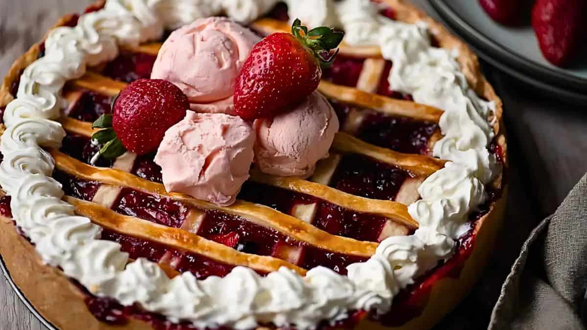 A cherry pie with a lattice crust, topped with three scoops of pink ice cream and fresh strawberries. The pie is surrounded by whipped cream. A few whole strawberries are visible in the background on a plate.