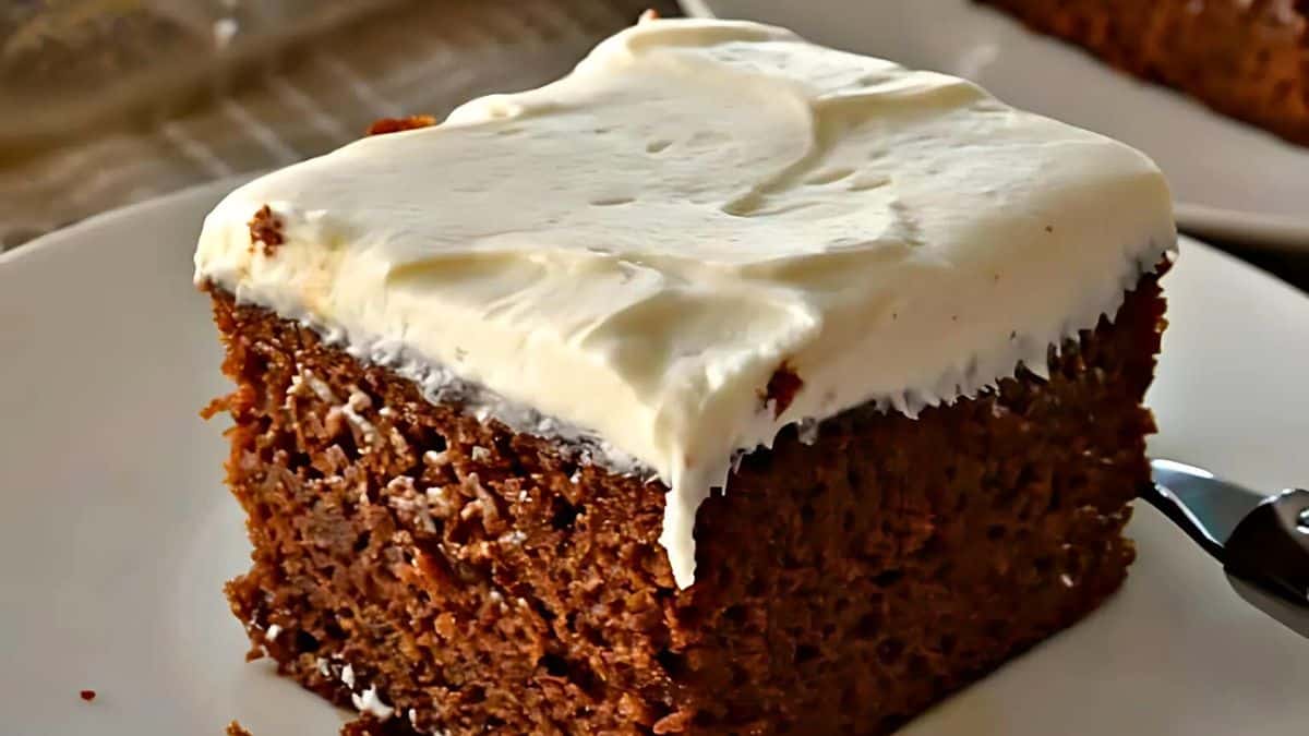 A close-up of a chocolate cake square topped with creamy white frosting, resting on a white plate. The cake appears moist and rich, with a textured surface and edges, suggesting a homemade or freshly baked treat.