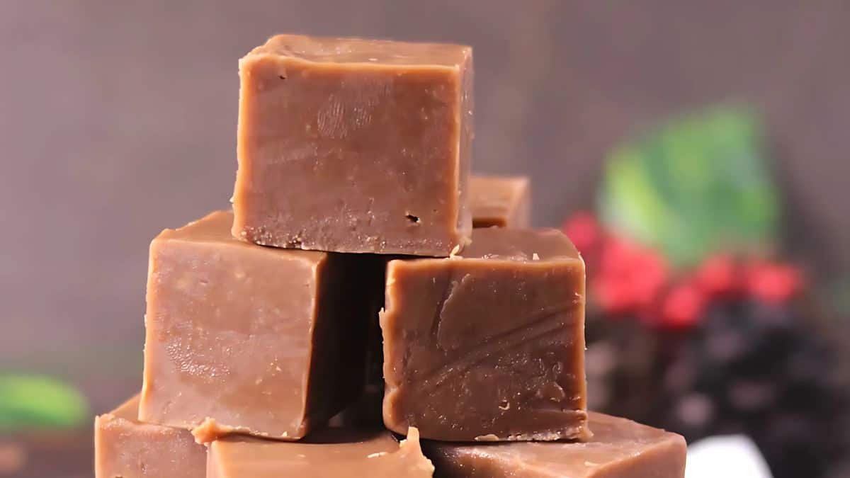 Stack of brown fudge squares against a blurred background with hints of greenery and red berries.