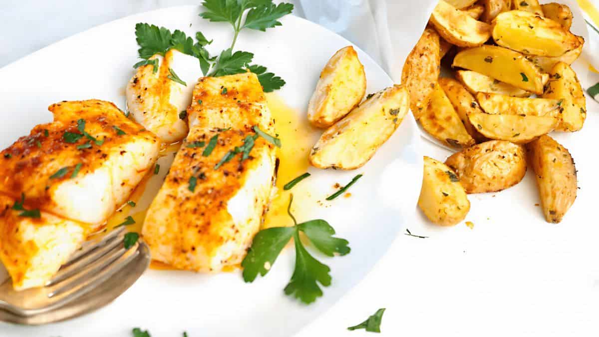 Grilled fish fillets garnished with parsley and spices on a white plate with a side of seasoned potato wedges. A fork rests on the plate.