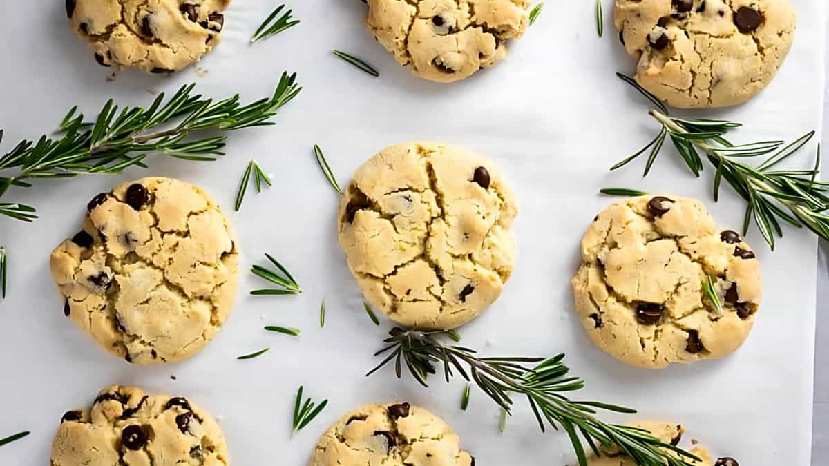 Chocolate chip cookies on parchment paper, surrounded by sprigs of rosemary. The cookies are evenly spaced, showcasing their golden, crumbly texture and chocolate pieces.