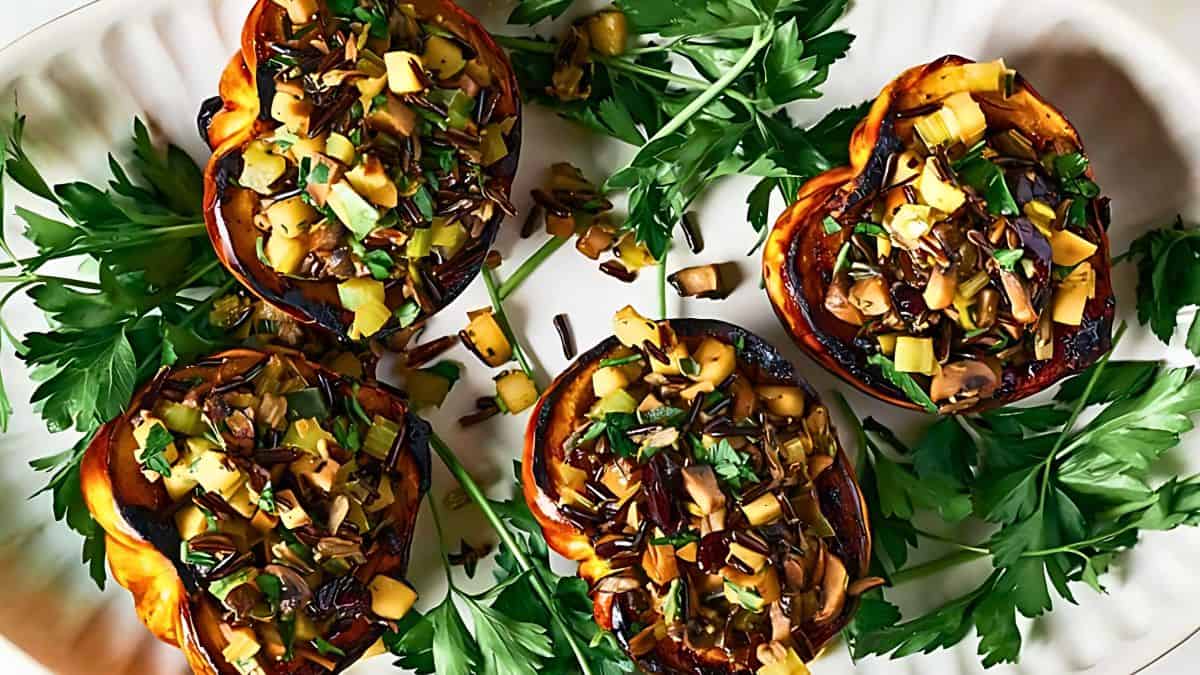 A plate of roasted acorn squash halves filled with a wild rice and vegetable mixture, garnished with fresh parsley leaves.