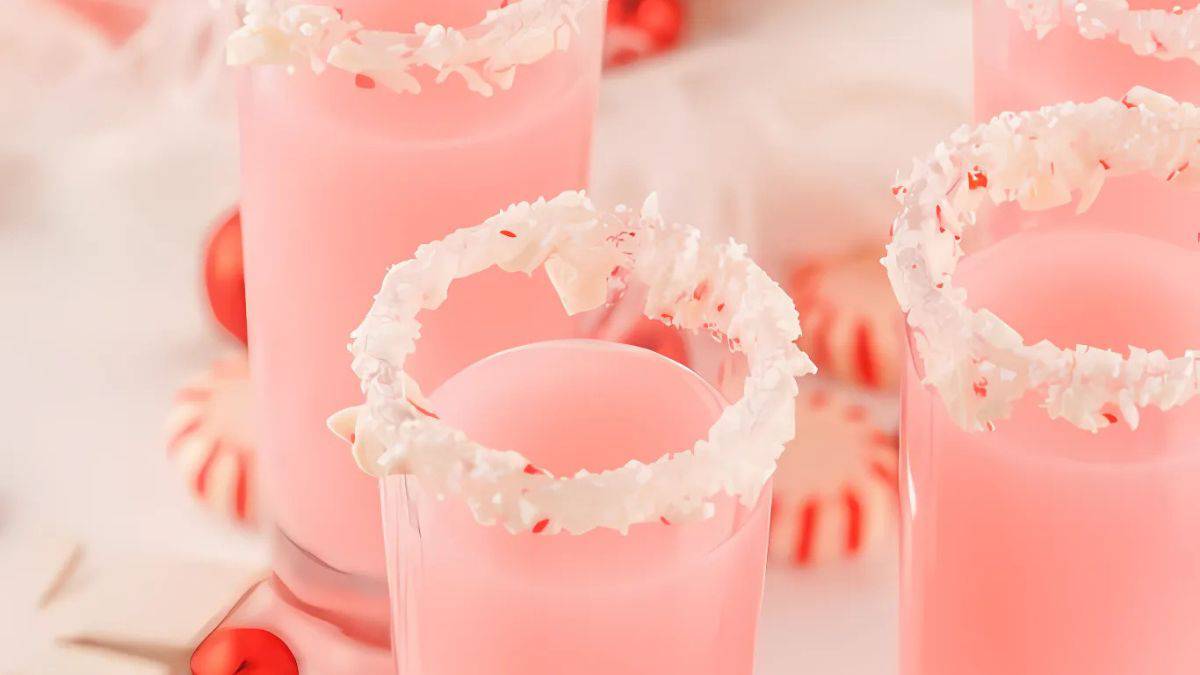 Four pink drinks in glasses with rims coated in white chocolate shavings are arranged on a table. Peppermint candies are scattered around, enhancing the festive presentation.