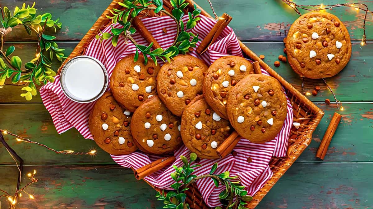 A basket filled with chocolate chip cookies, including white and milk chocolate chips, placed on a red and white striped cloth. Nearby is a glass of milk and cinnamon sticks, surrounded by green foliage and warm string lights.