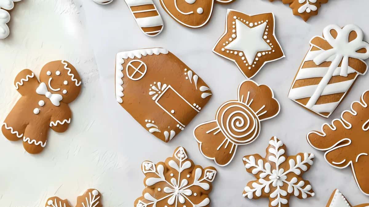 A variety of decorated gingerbread cookies are on display, including a gingerbread person, snowflakes, a house, a tree, a gift box, a star, a candy, and a mitten, all adorned with intricate white icing designs.