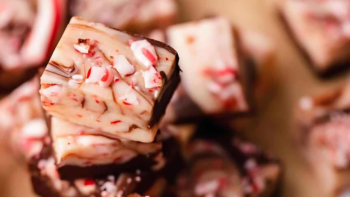 Close-up of chocolate peppermint fudge squares, with a creamy top layer dotted with red peppermint candy pieces. The sides reveal a layer of chocolate, creating a layered treat. The background is slightly blurred, highlighting the texture of the fudge.