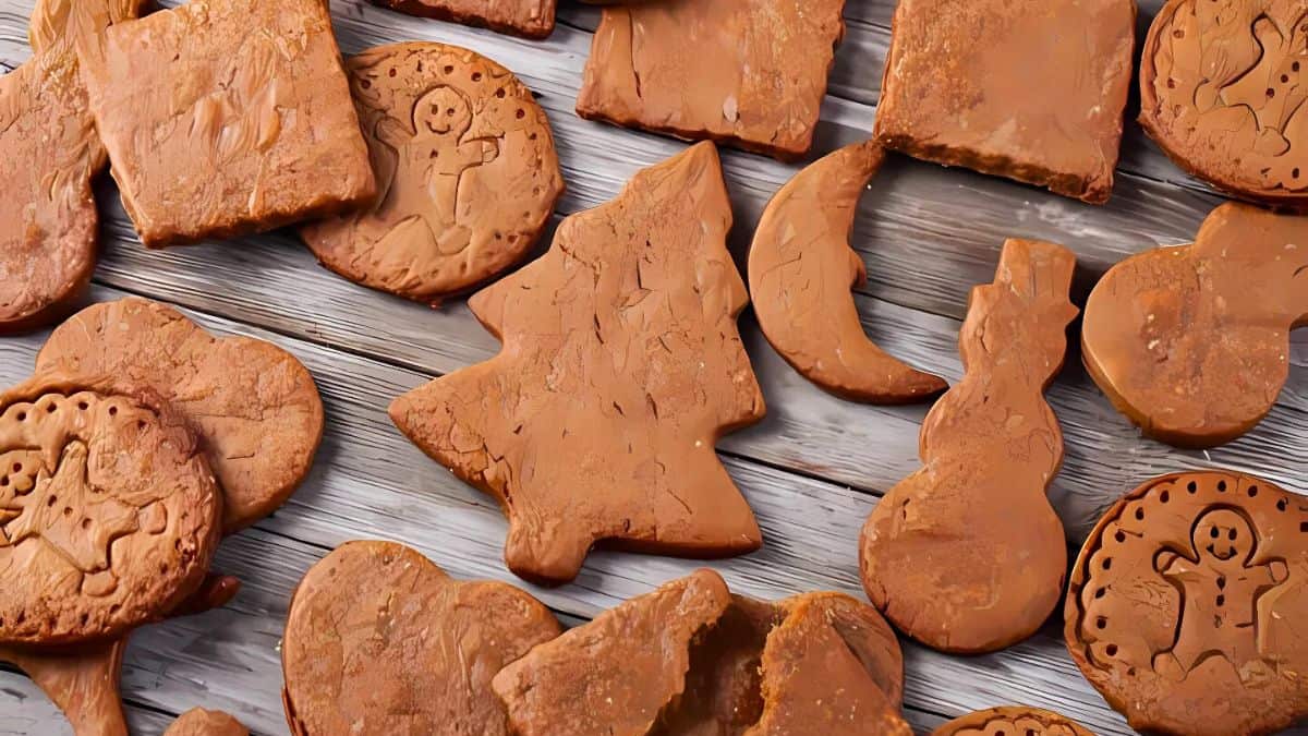 An assortment of brown cookies shaped like Christmas trees, snowmen, hearts, and circles with gingerbread men designs on a wooden table.