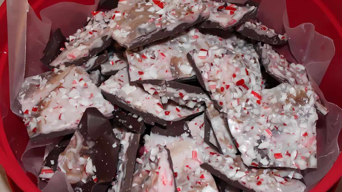 A pile of peppermint bark with dark chocolate and white chocolate layers, topped with crushed peppermint candies, is placed in a red container lined with wax paper.