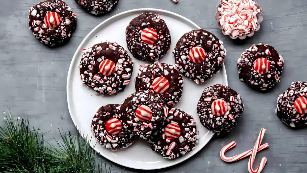 A plate of chocolate peppermint cookies topped with red-and-white striped candy pieces. Surrounding the plate are more cookies, crushed peppermint, and candy canes. A few pine branches decorate the gray surface.