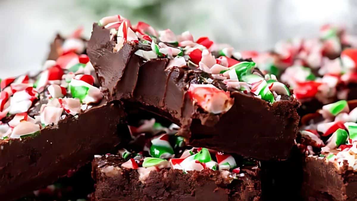 Close-up of chocolate fudge pieces topped with crushed red, green, and white peppermint candies. A bite is taken out of one piece, revealing the rich, smooth texture of the fudge. The background is softly blurred, creating a festive appearance.