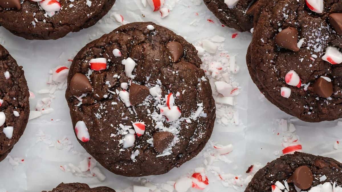 Close-up of chocolate cookies topped with chocolate chips and crushed peppermint pieces on a white background.