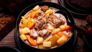 A bowl of hearty beef stew with chunks of beef, carrots, potatoes, and celery in a rich broth, garnished with a spoon, set on a wooden table.