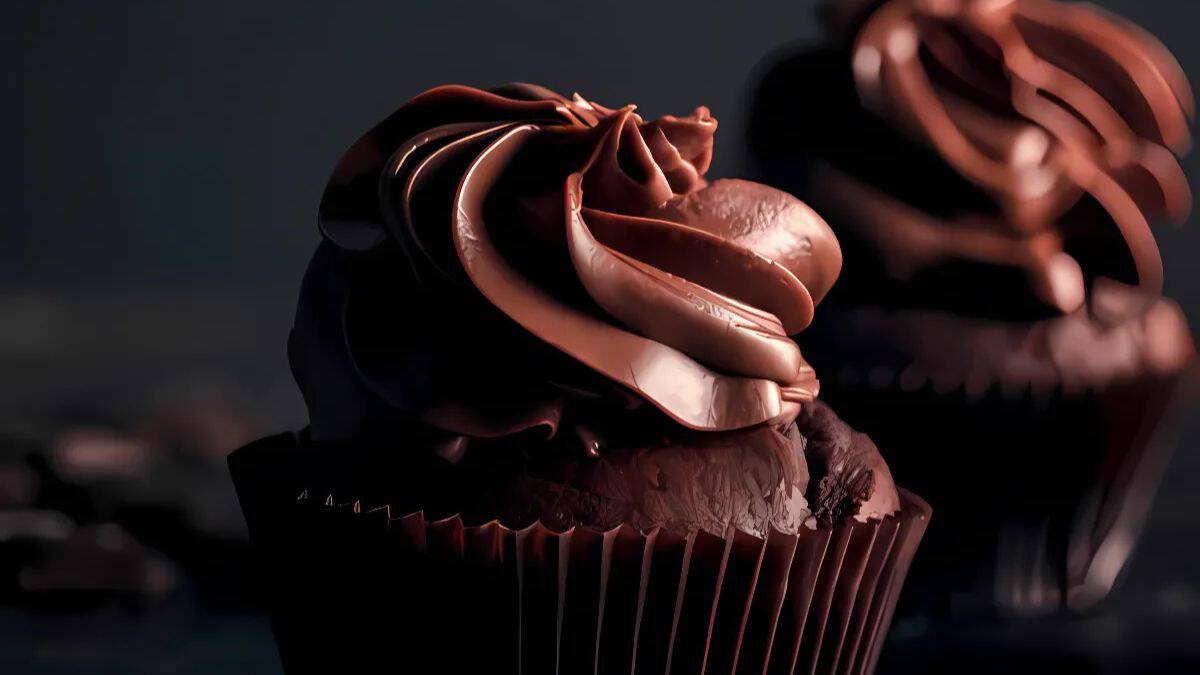 Close-up of a chocolate cupcake with rich, swirled chocolate frosting on top. The dark background adds contrast, highlighting the texture and shine of the frosting. Another cupcake is blurred in the background.