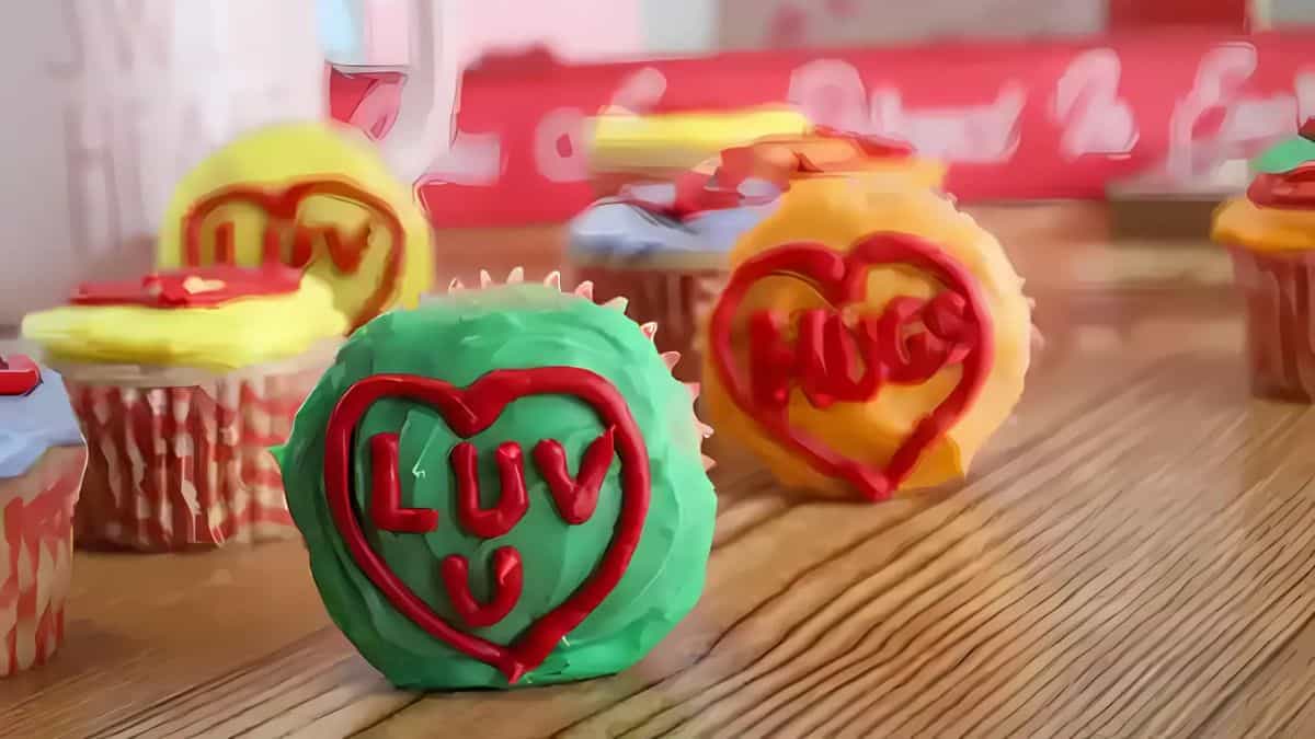 Colorful cupcakes with frosting sit on a wooden table. Each cupcake has a heart drawn with red icing and phrases like "LUV U" and "HUG" written inside. A blurred background shows more cupcakes and pink decor.