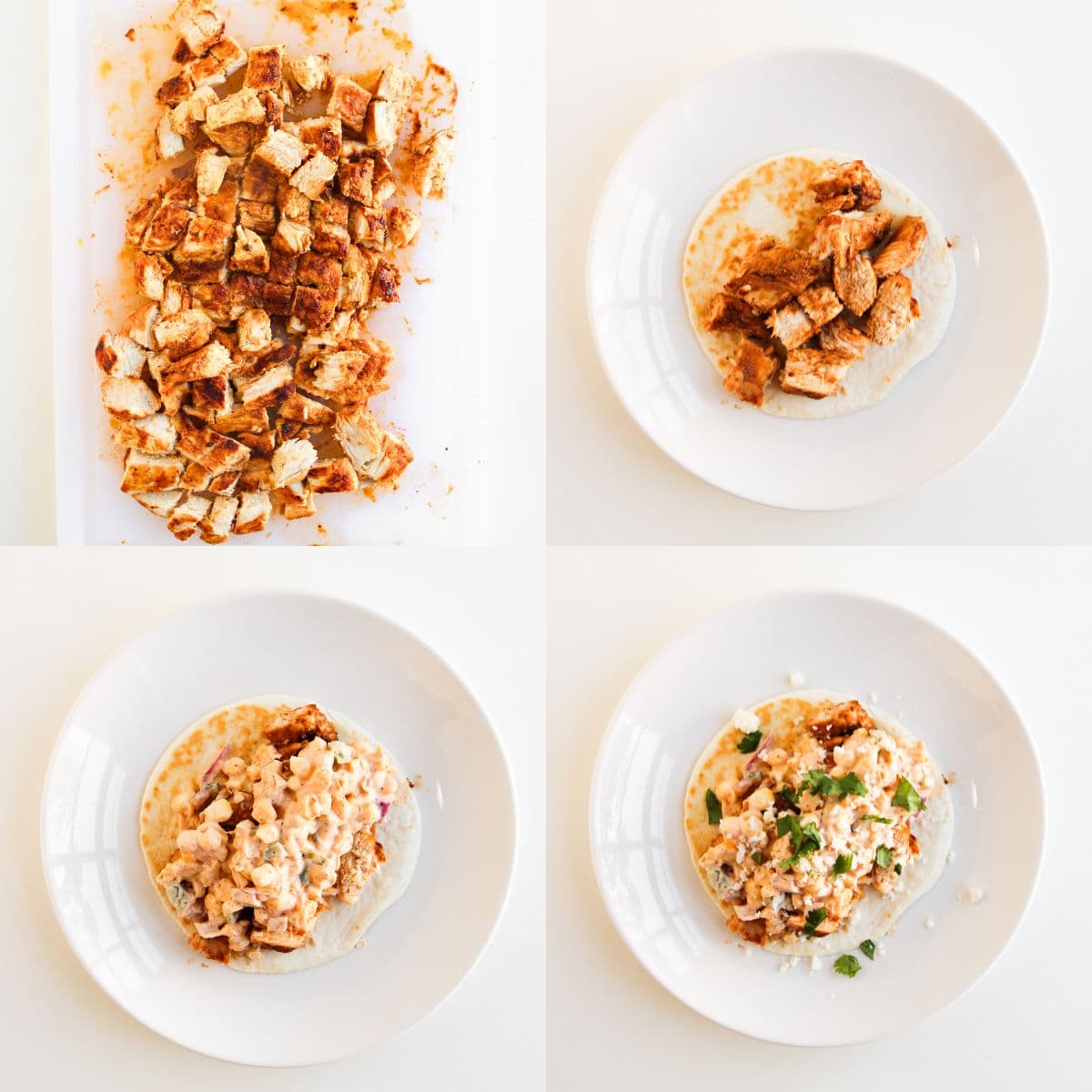 Four images show the step-by-step assembly of a chicken taco. Top left: seasoned, cubed chicken on a cutting board. Top right: chicken on a tortilla. Bottom left: chicken topped with a creamy sauce. Bottom right: finished taco garnished with herbs.