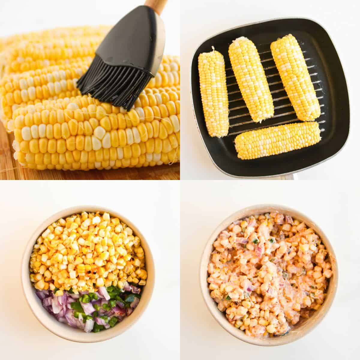 A four-part collage showing: brushing corn with oil, grilling corn on a pan, grilled corn kernels with chopped onion in a bowl, and the final mixed corn salad with a creamy dressing.