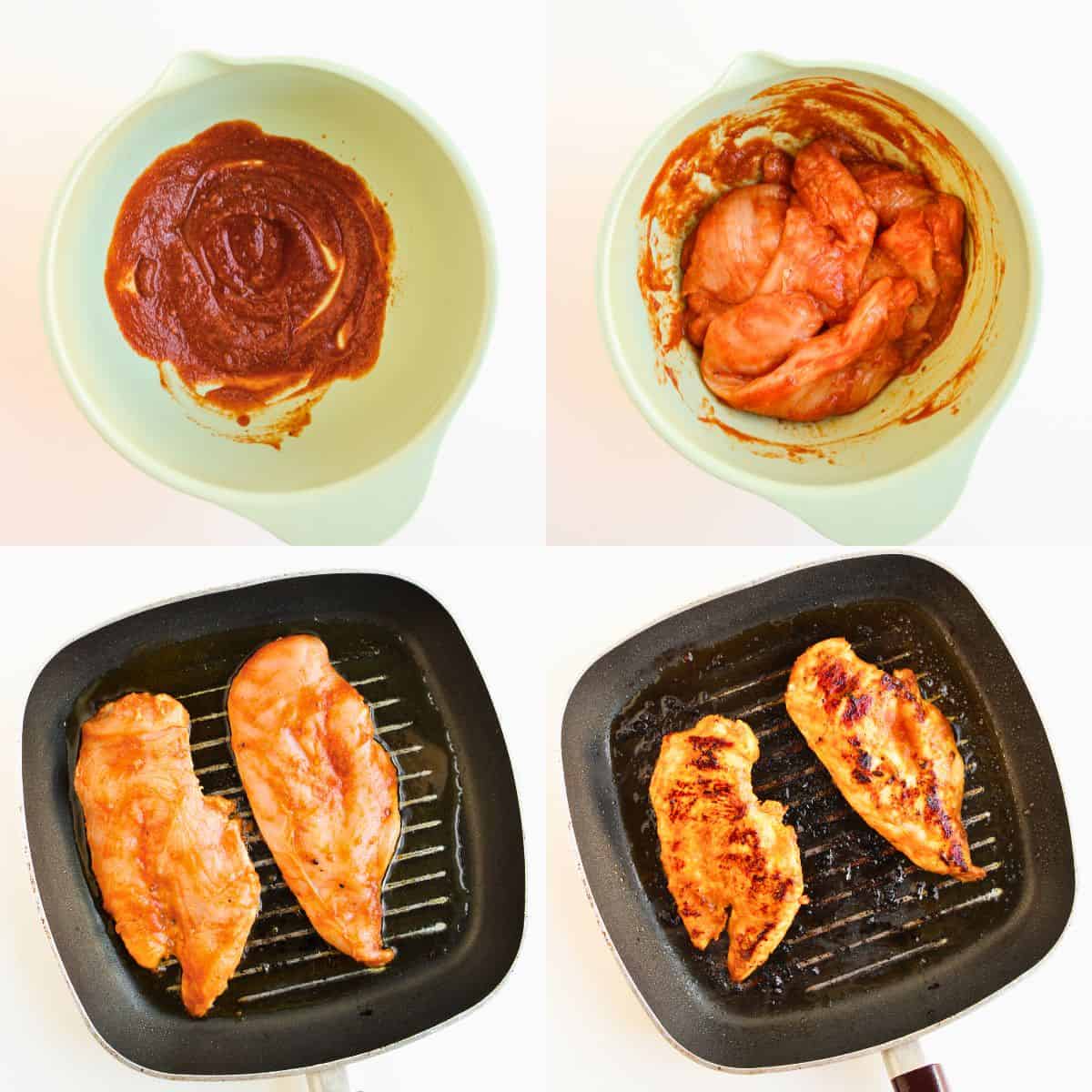 A four-step collage shows: a bowl of marinade, chicken breasts coated in marinade, marinated chicken cooking on a grill pan, and the chicken finished with grill marks.